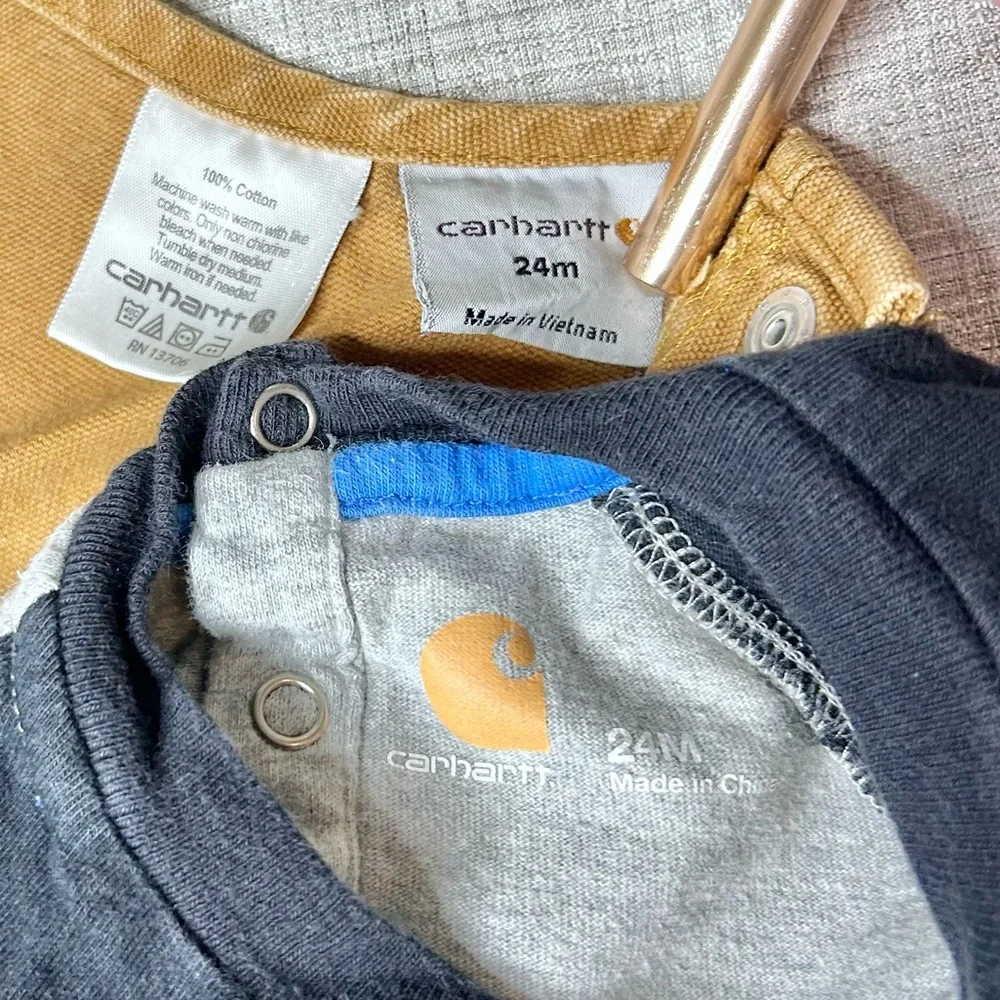 Carhartt Classic duck canvas bib overalls and long sleeve onesie bundle